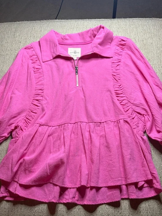 Umgee Hot Pink Ruffle Zip Peplum style shirt Top medium - Picture 4 of 8
